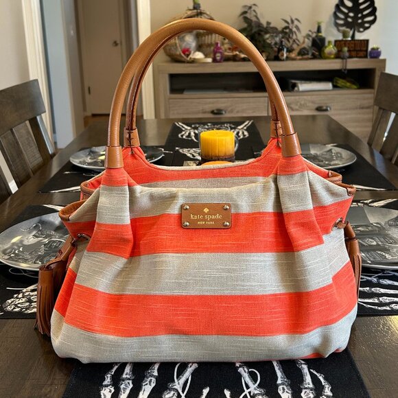 Kate Spade New York Striped Canvas & Leather Trim Bag Purse - Picture 1 of 8